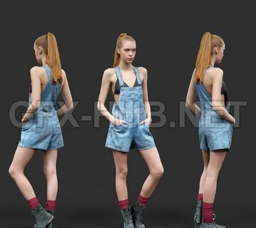 PBR Game 3D Model – Girl in Jeans Salopet Red Socks and Boots