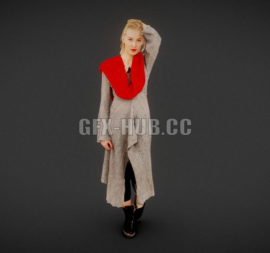 PBR Game 3D Model – Girl in Knit Grey Dress and Red Scarf Scan