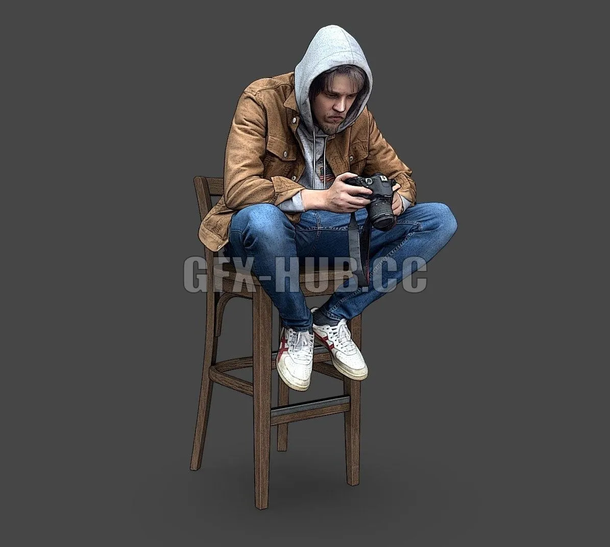 PBR Game 3D Model – Guy with a camera sitting on a stool