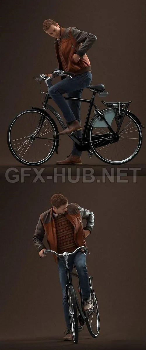 PBR Game 3D Model – Guy With Bicycle Pre Posed