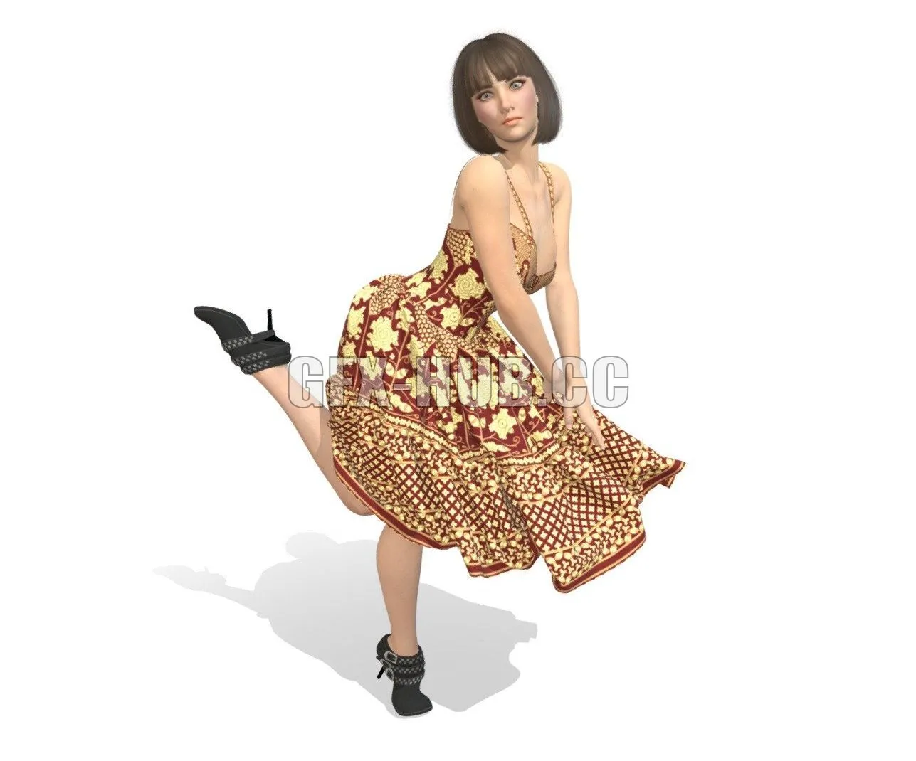 PBR Game 3D Model – HD Fashion Model Flirty Pose Corset Dress