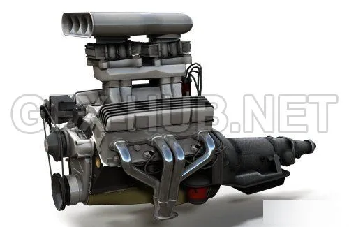 PBR Game 3D Model – Hot Rod V8 engine VR AR low-poly