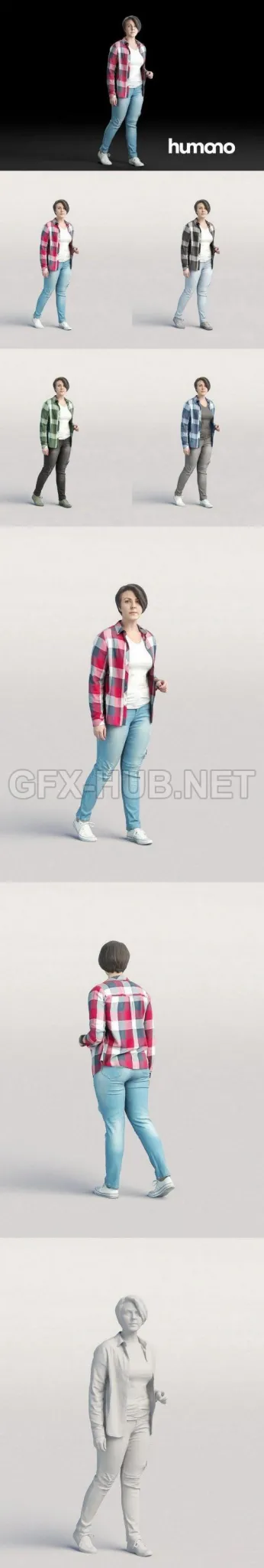 PBR Game 3D Model – Humano Casual woman in checkered shirt Walking and talking 0214