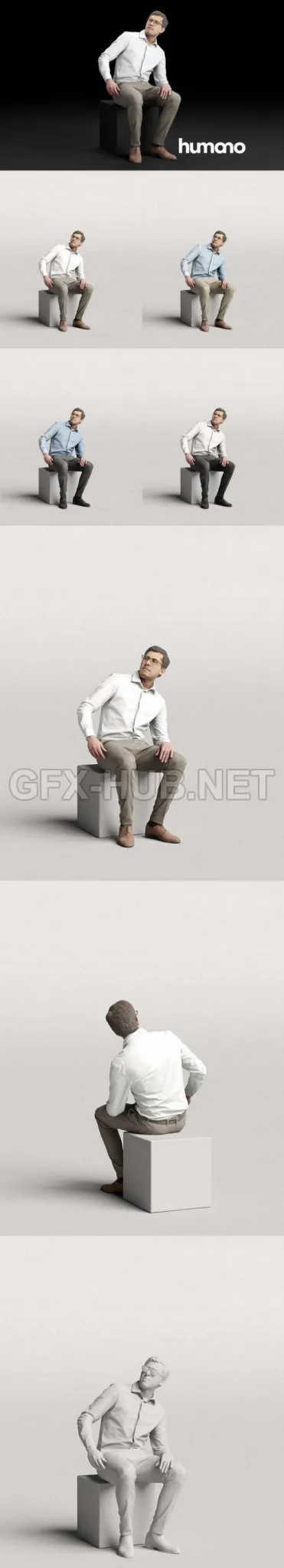 PBR Game 3D Model – Humano Elegant business man in shirt sitting and looking 0115