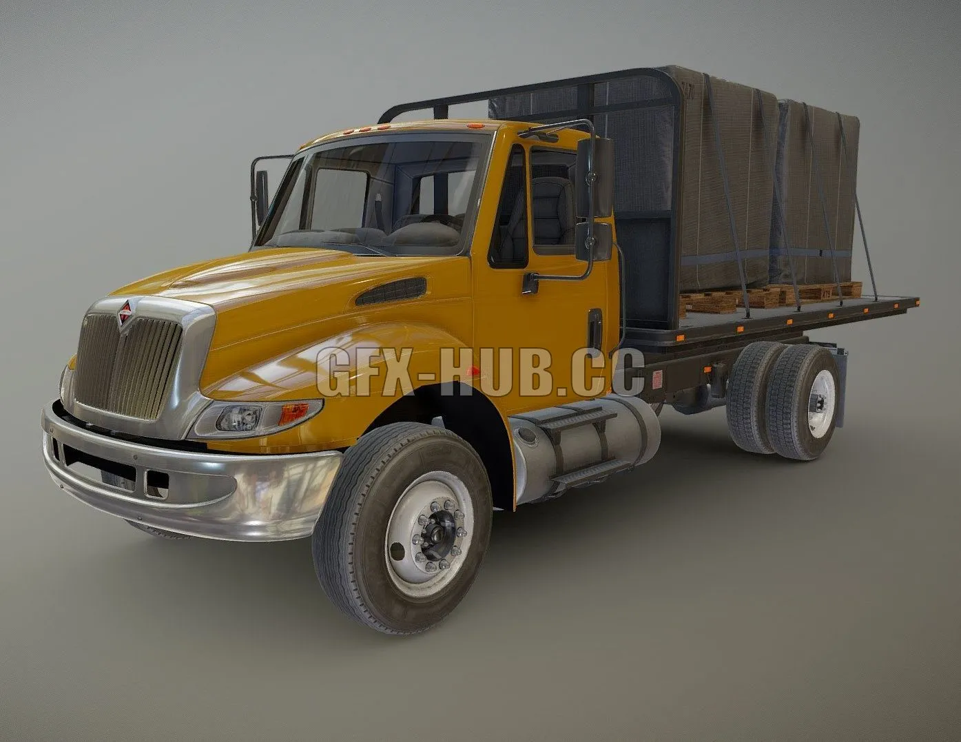 PBR Game 3D Model – International Durastar flatbed truck