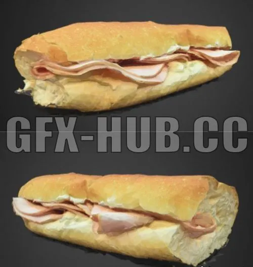 PBR Game 3D Model – Jambon-Beurre Ham Baguette Sandwich