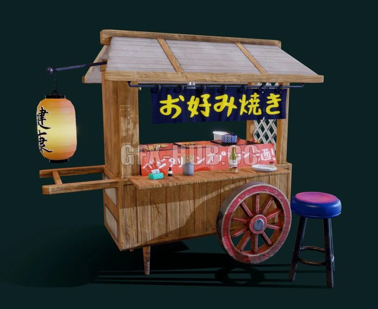 PBR Game 3D Model – Japanese food cart (yatai) selling okonomiyaki
