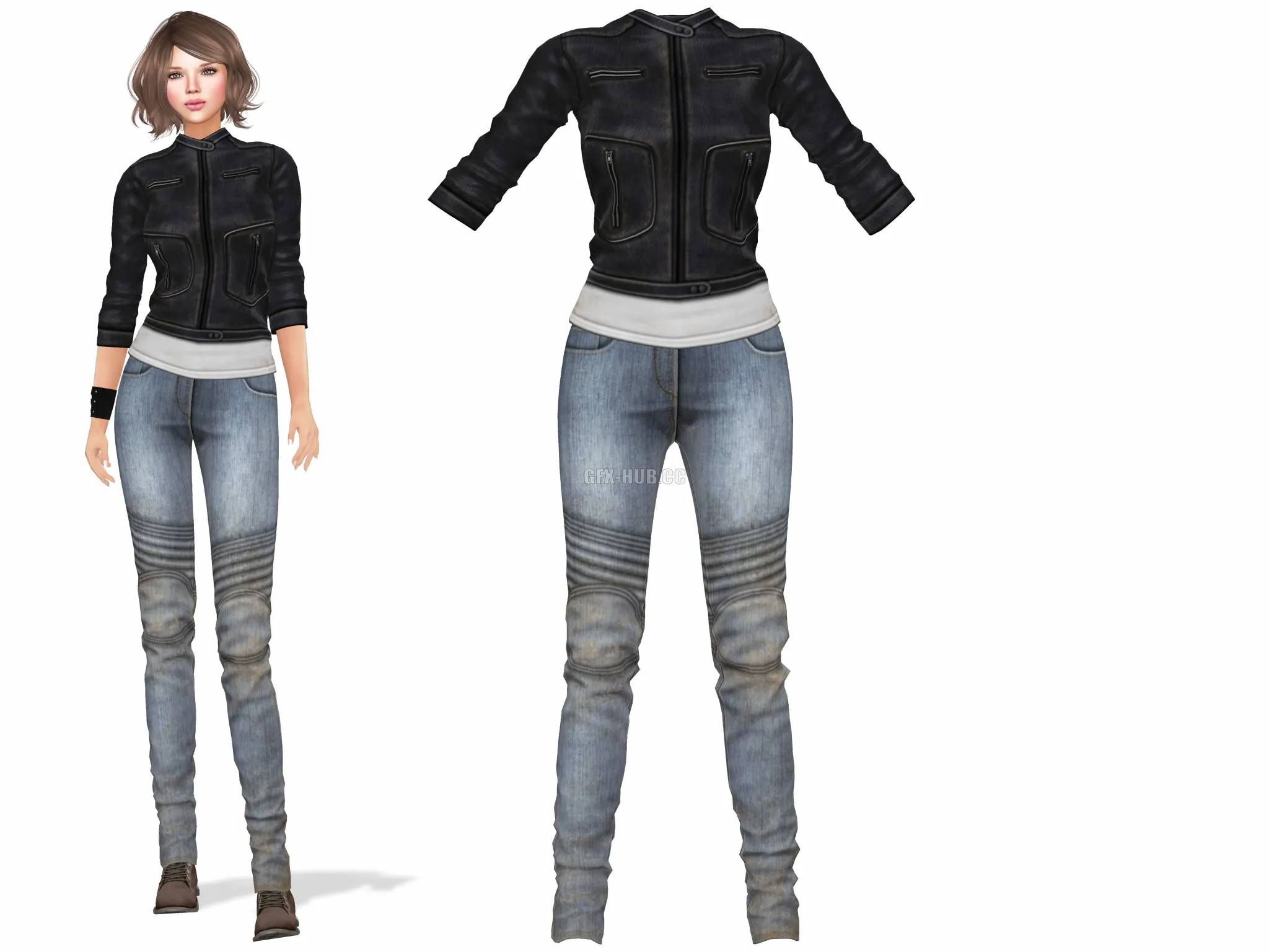 PBR Game 3D Model – Jeans Leather Jacket Female Outfit