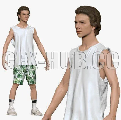 PBR Game 3D Model – Junior boy in tank top palm shirts