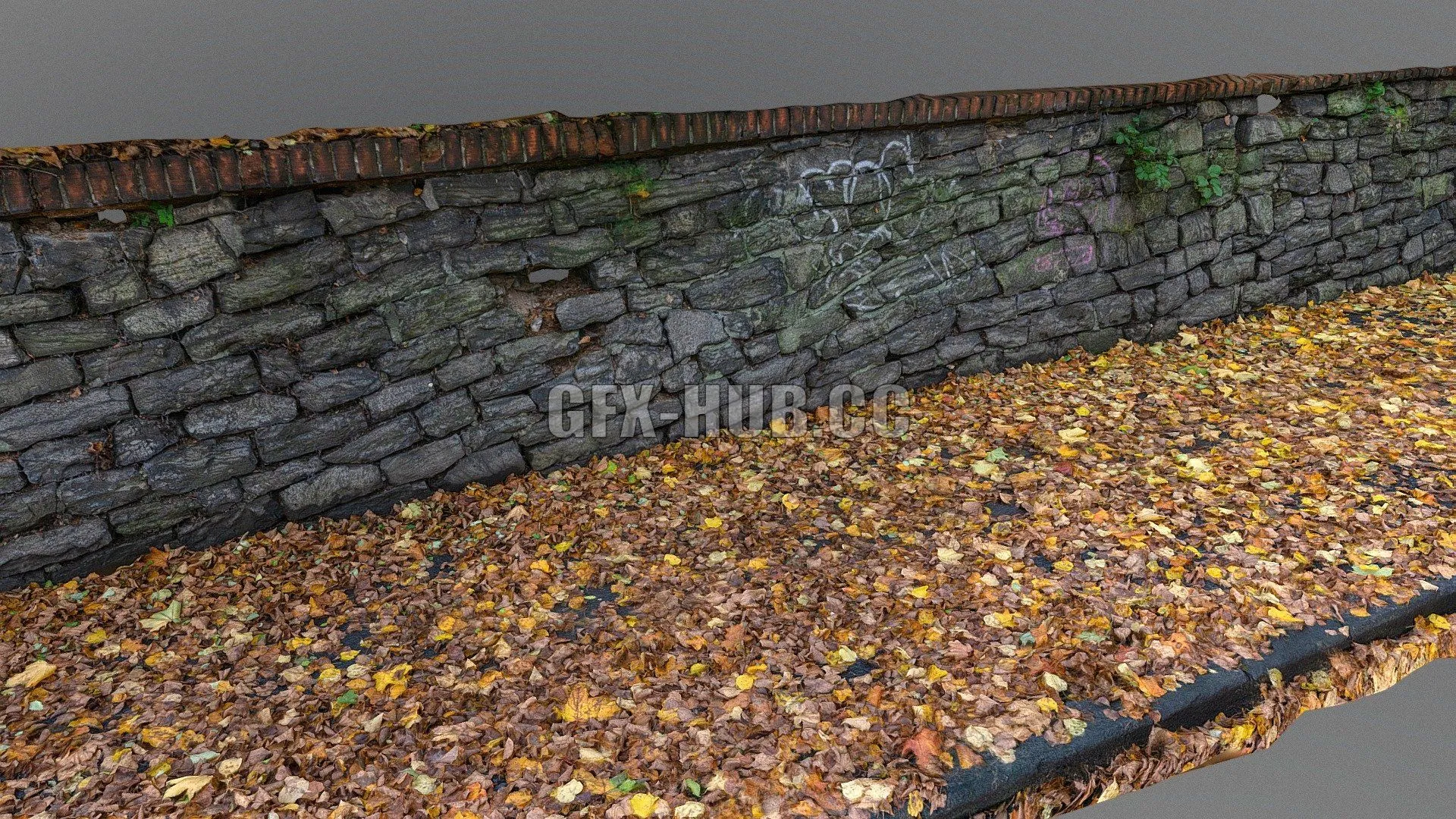 PBR Game 3D Model – Leaf covered sidewalk with stone wall