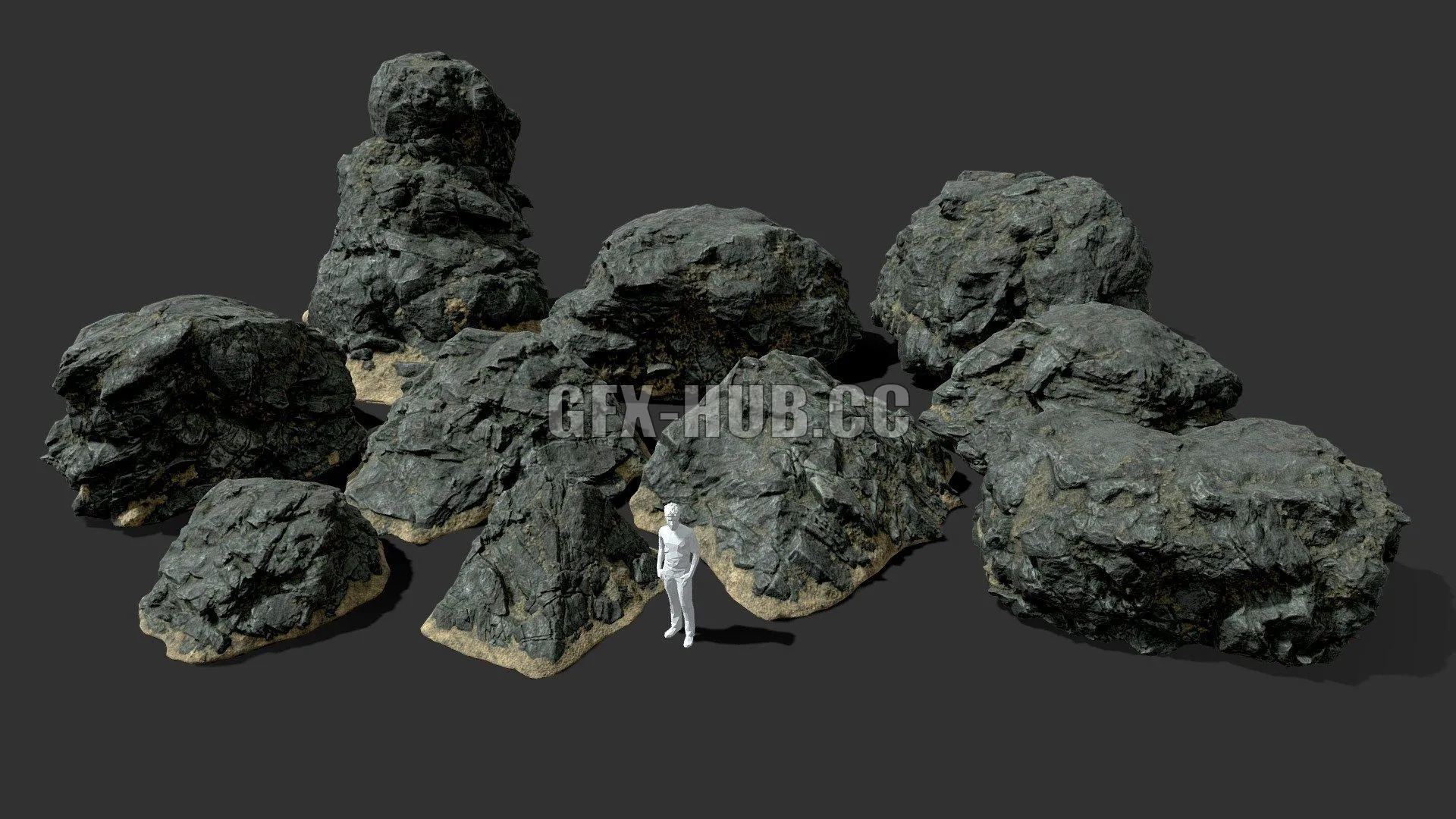 PBR Game 3D Model – Low poly Black Beach Rock Collection 210210