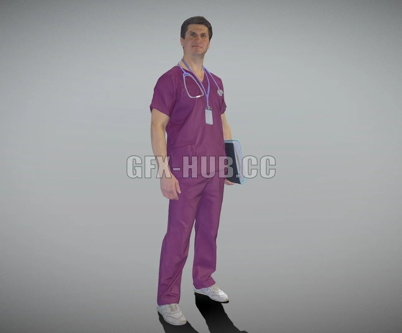 PBR Game 3D Model – Male doctor in purple uniform with folder 302