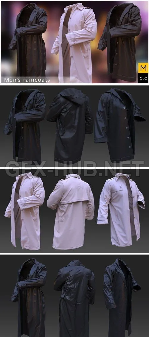PBR Game 3D Model – Men’s raincoats. Clo3d, Marvelous Designer projects