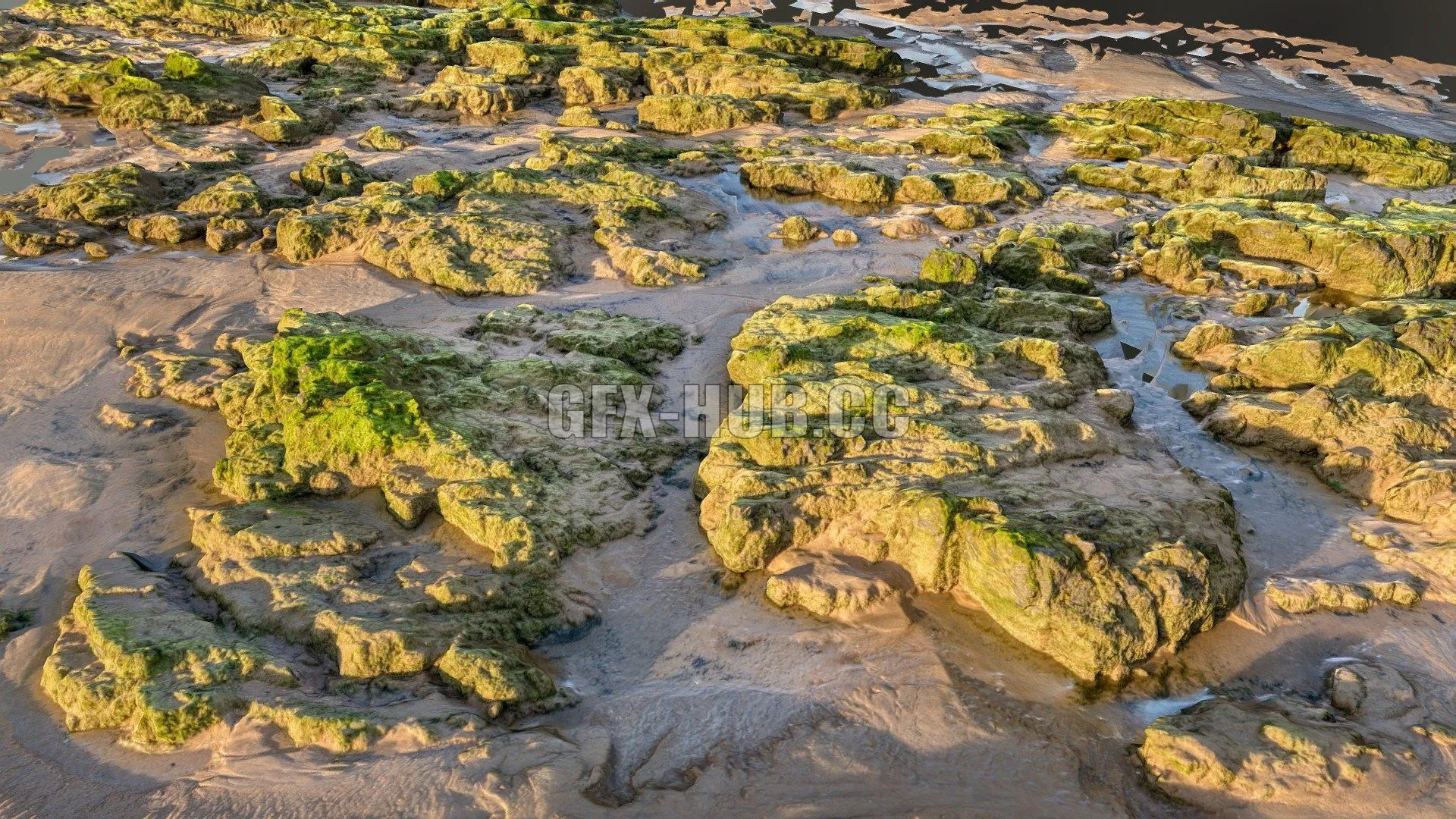 PBR Game 3D Model – Mossy beach rocks at sunset