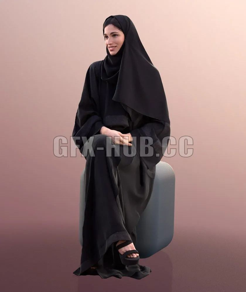 PBR Game 3D Model – Myriam girl sitting in Muslim clothing