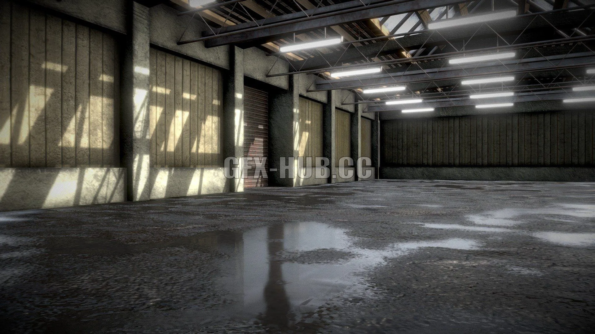 PBR Game 3D Model – Old Warehouse (Wet Asphalt Ground)
