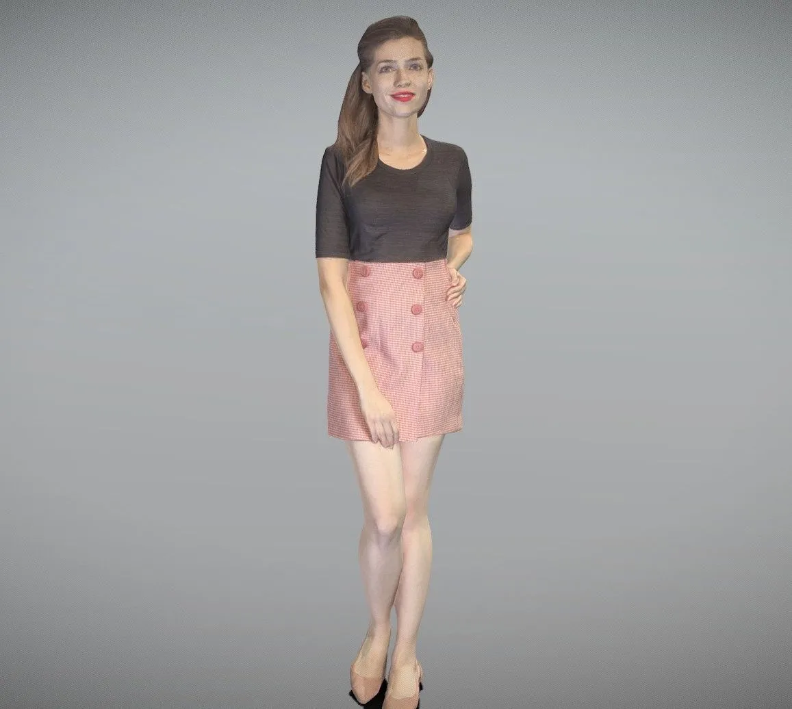 PBR Game 3D Model – Pretty woman in sweater and skirt smiling