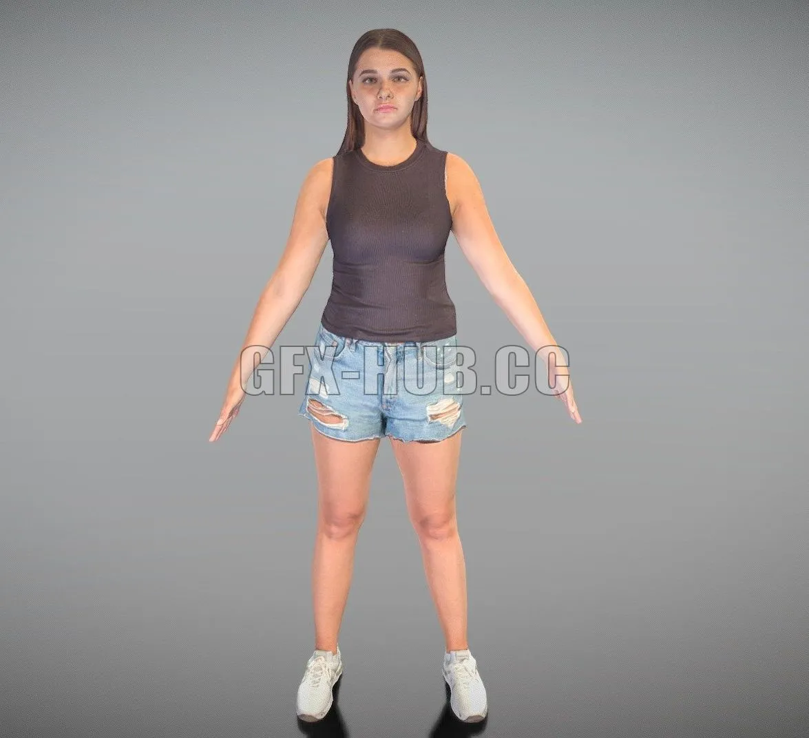 PBR Game 3D Model – Pretty young woman in denim shorts in A-pose 160