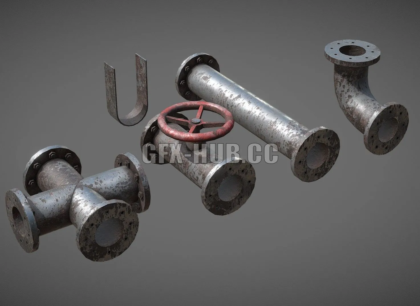 PBR Game 3D Model – Rusty Modular Pipes