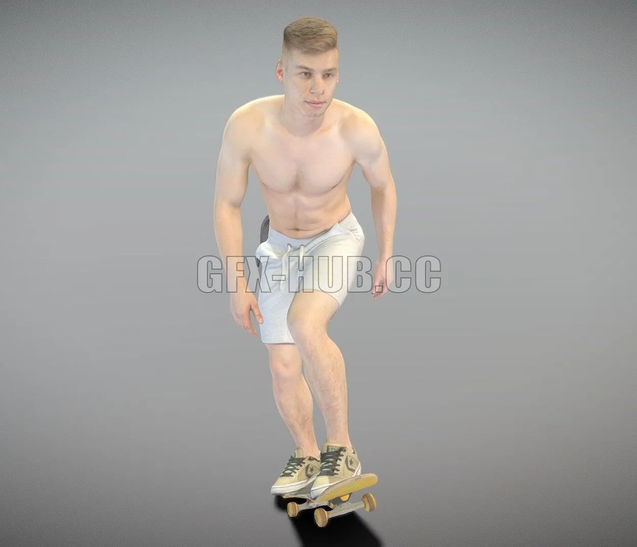 PBR Game 3D Model – Shirtless man riding on a skateboard