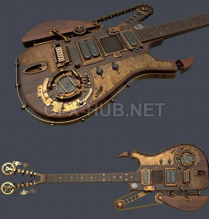 PBR Game 3D Model – Steampunk guitar