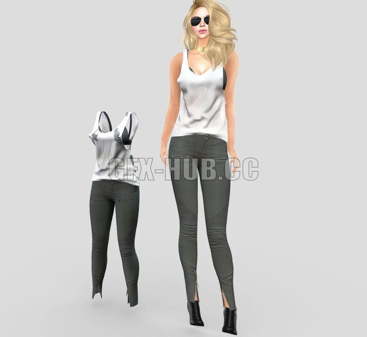 PBR Game 3D Model – Tank Top Bralet Denim Pants Full Female Outfit