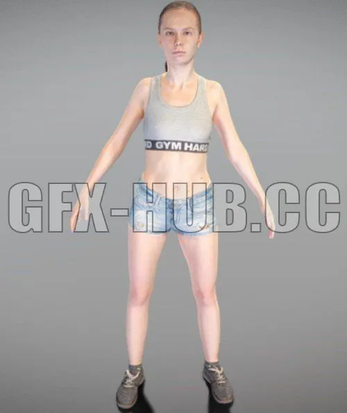 PBR Game 3D Model – Athletic woman in jeans shorts 155