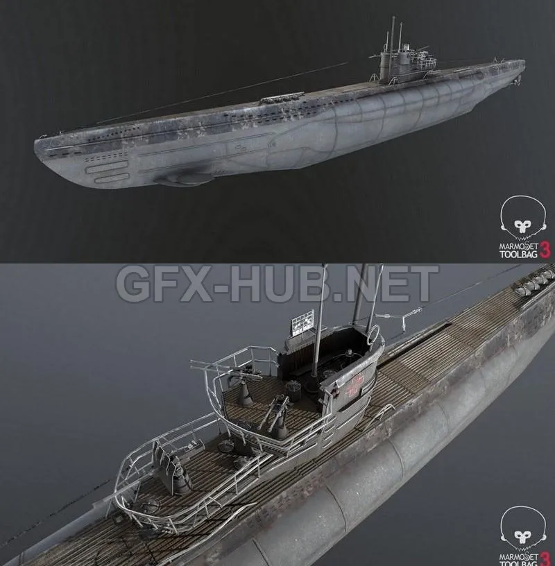 PBR Game 3D Model – U-Boot Submarine – Type-7C U-995