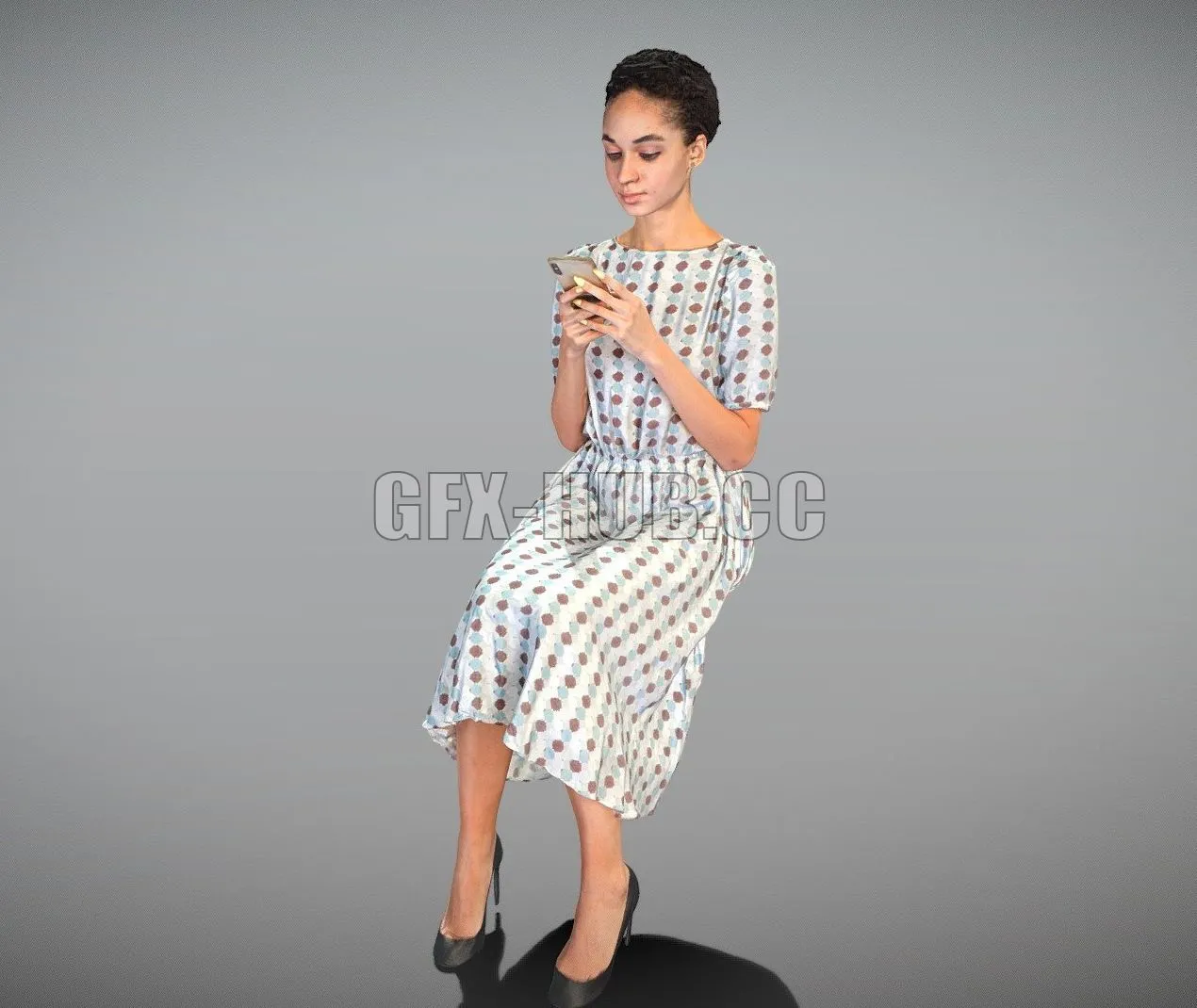 PBR Game 3D Model – Attractive woman in midi dress sitting 261