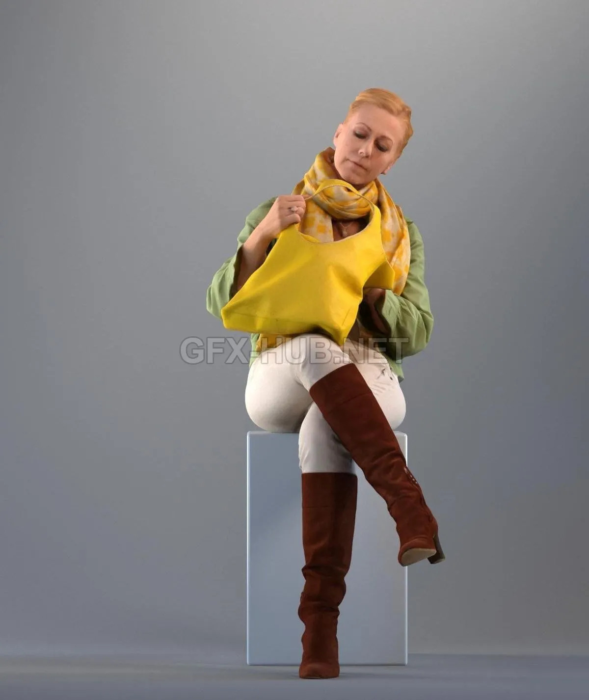 PBR Game 3D Model – Woman Sitting Holding Bag