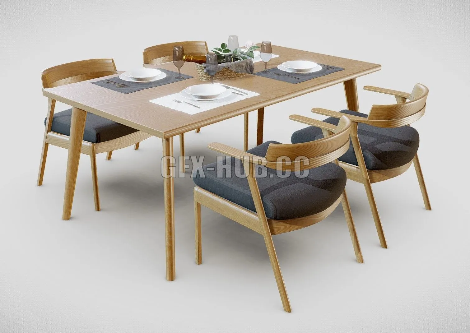 PBR Game 3D Model – Wooden Dining Table and Chairs Set 1
