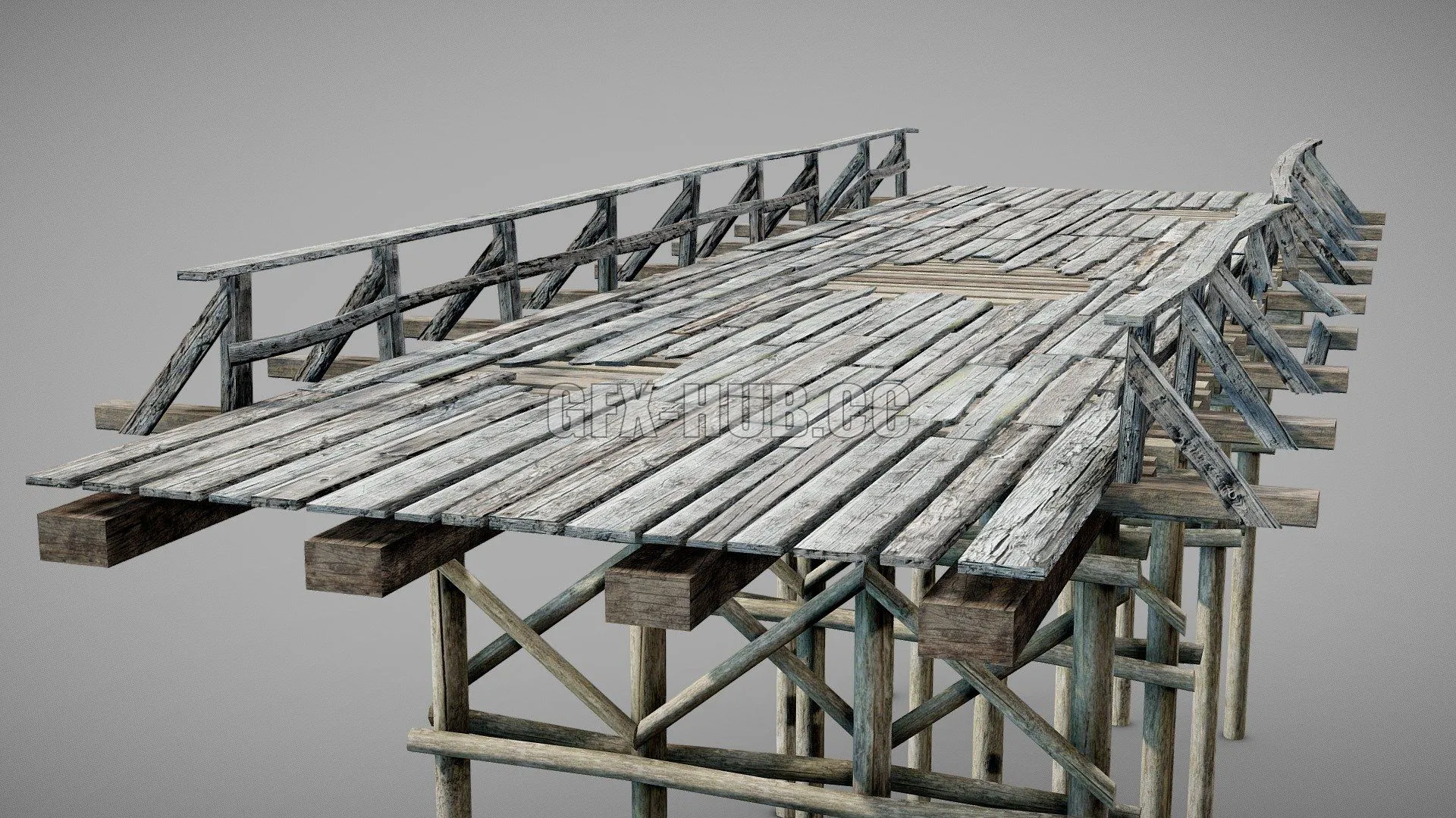 PBR Game 3D Model – Wooden old bridge damaged an3 Low-poly