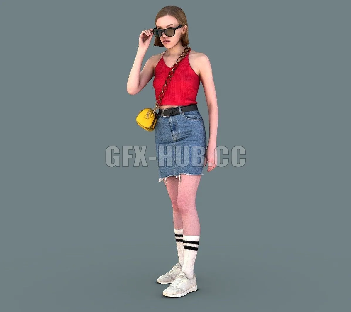 PBR Game 3D Model – Young girl wearing denim miniskirt