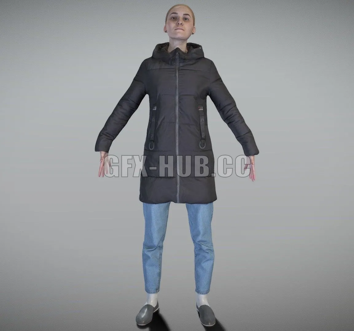 PBR Game 3D Model – Young woman in a black down jacket in A-pose 165