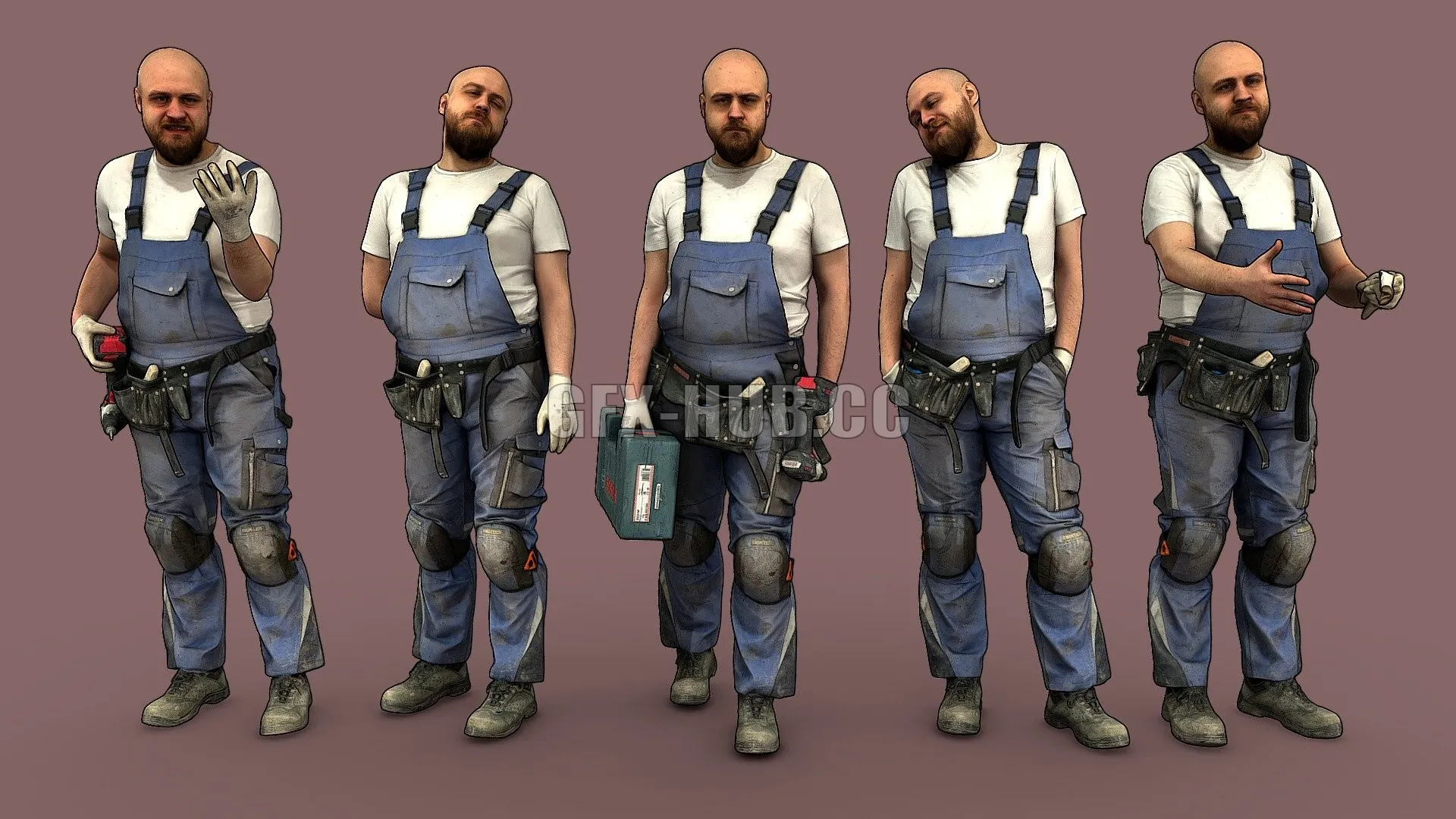 PBR Game 3D Model – Bald Worker in Overalls & White T-shirt
