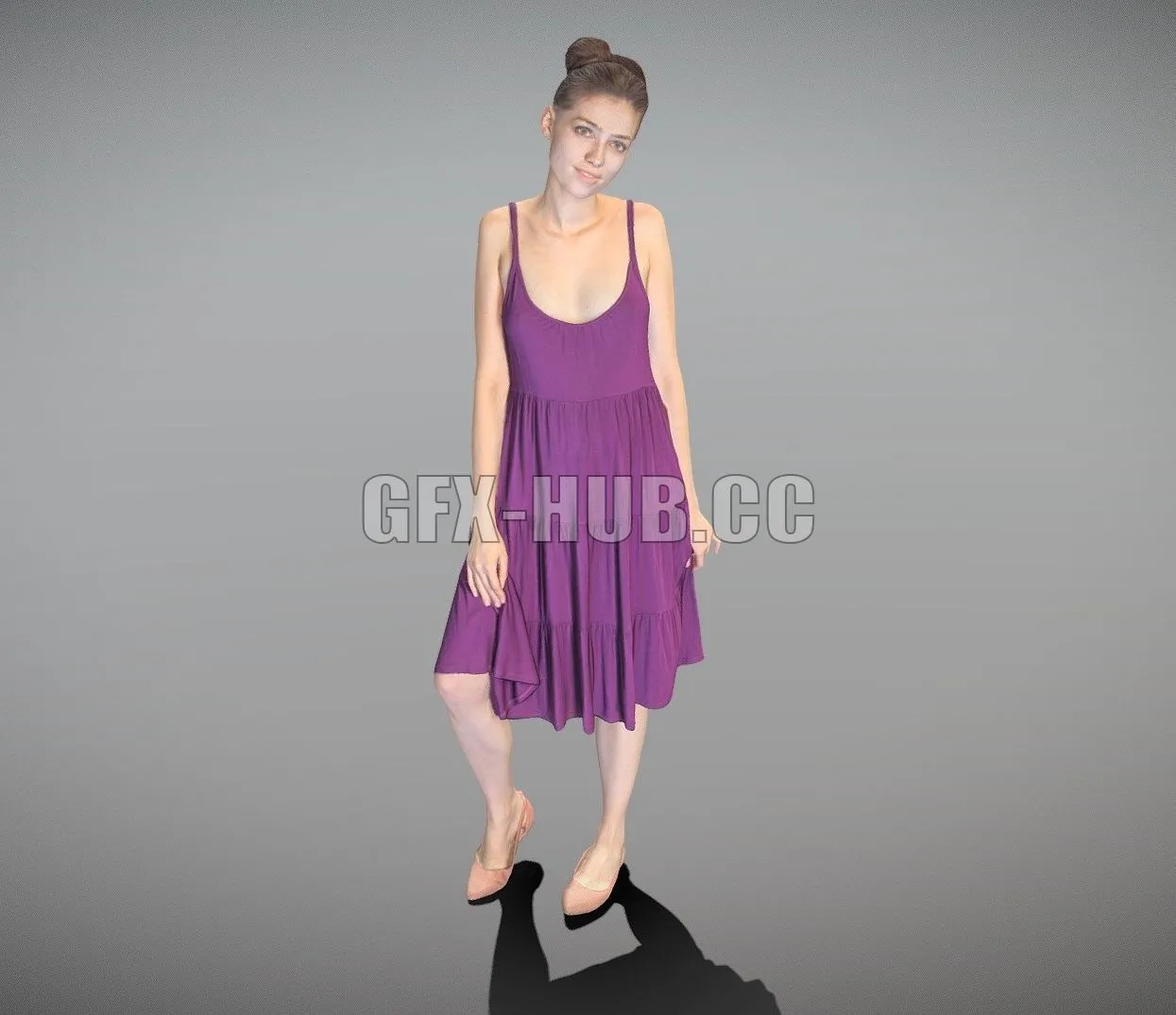 PBR Game 3D Model – Beautiful young girl in a purple dress 151