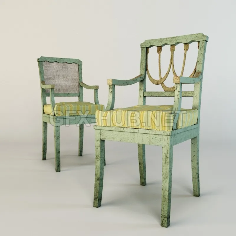 FURNITURE 3D MODELS – 2 chairs Provence, with a patterned wooden back and rattan mesh