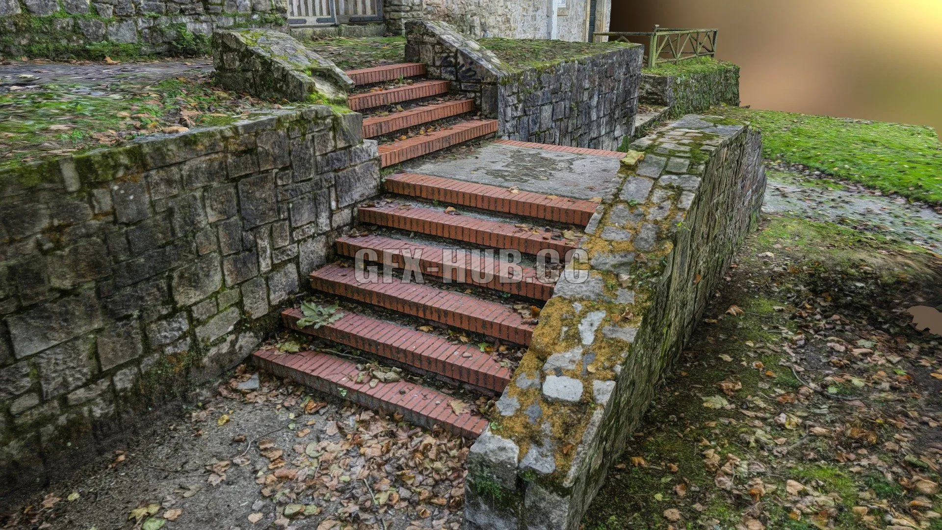PBR Game 3D Model – Brick stairs over stone wall scan