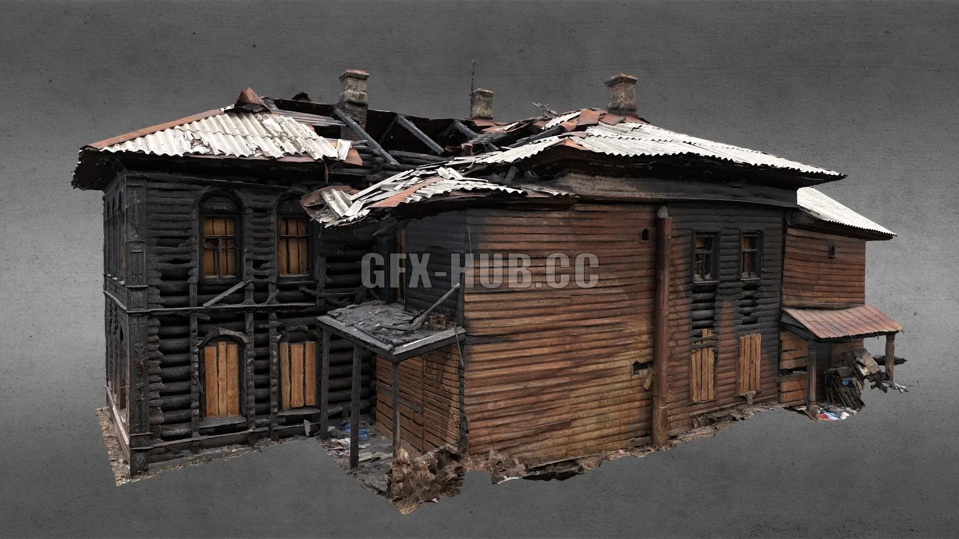PBR Game 3D Model – Burned wooden building for reconstruction