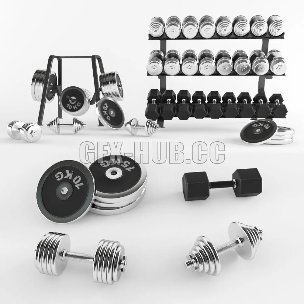 FURNITURE 3D MODELS – A Set of Sports Dumbbells and Pancakes on the Racks