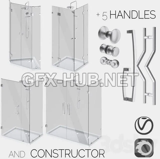FURNITURE 3D MODELS – Angled glass shower cabins, designer and handle set