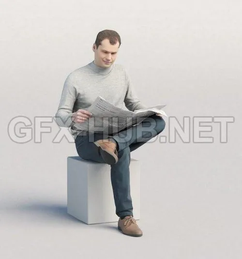 PBR Game 3D Model – Casual man sitting and reading newspaper
