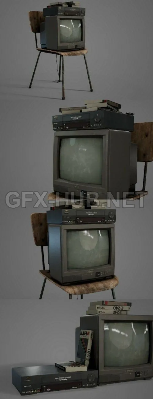PBR Game 3D Model – 90s TV setup