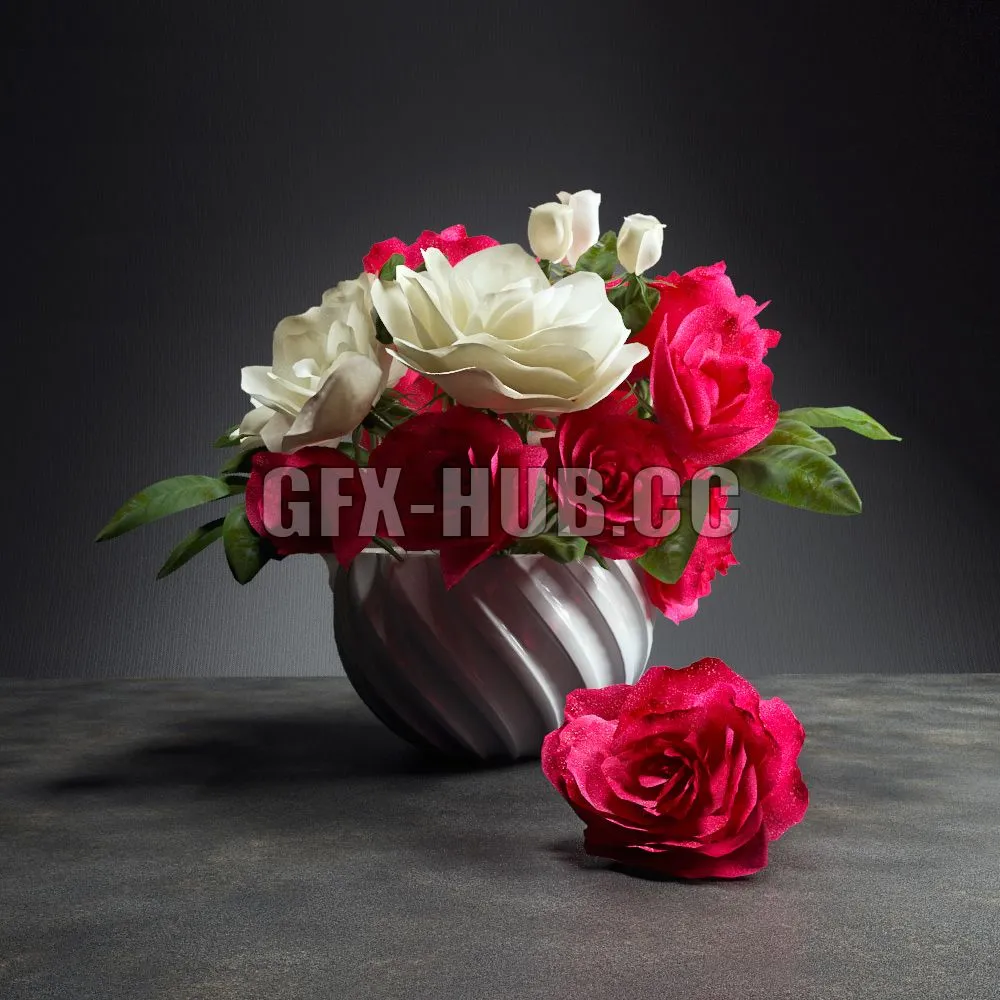 FURNITURE 3D MODELS – Bouquet of bright pink and white roses in a vase