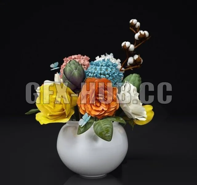 FURNITURE 3D MODELS – Bright bouquet (roses, artichokes, hyacinth and cotton)