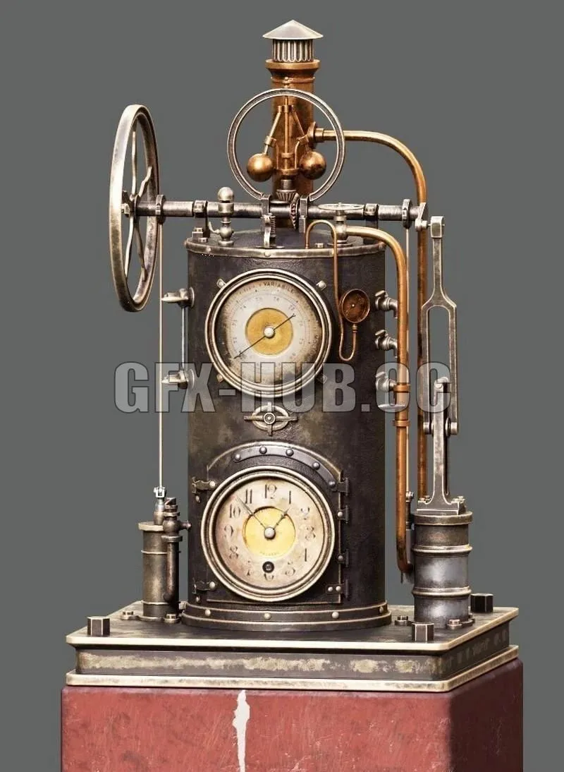 PBR Game 3D Model – Circa 1885 Industrial Series Mechanical Clock Barometer