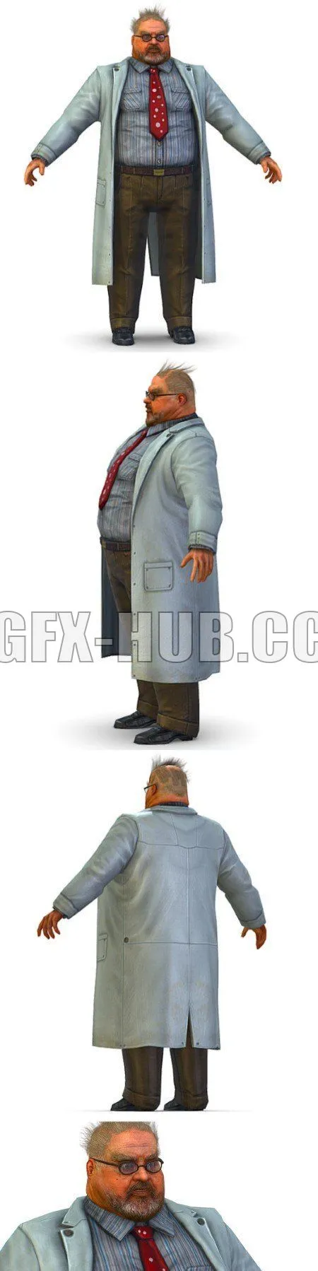 PBR Game 3D Model – a disheveled fat old man in a chemistry coat