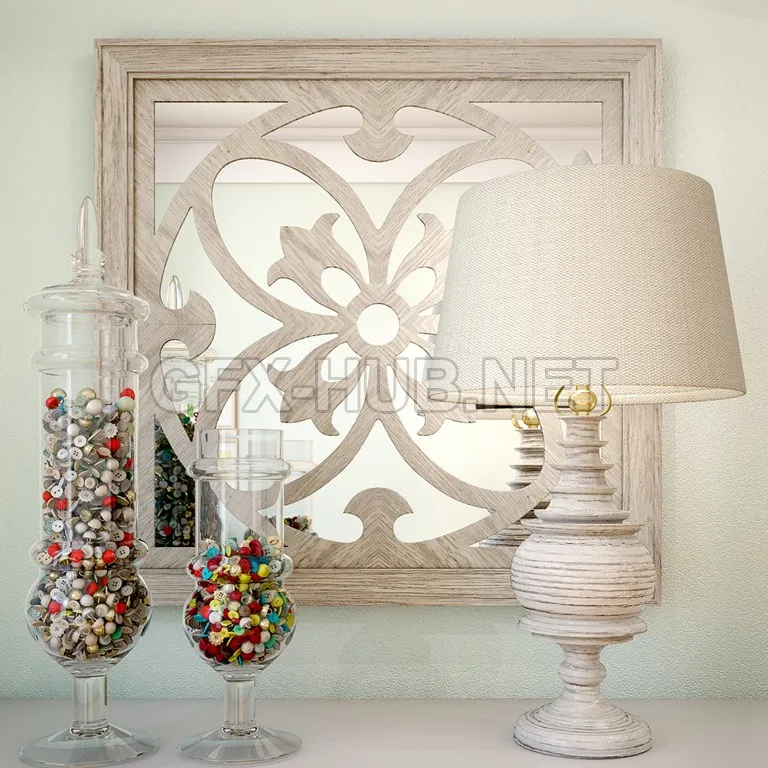 FURNITURE 3D MODELS – Decoration mirror, lamp, vase with botton