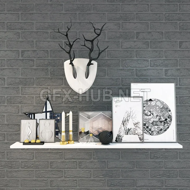 FURNITURE 3D MODELS – Decorative set with shelf and horns