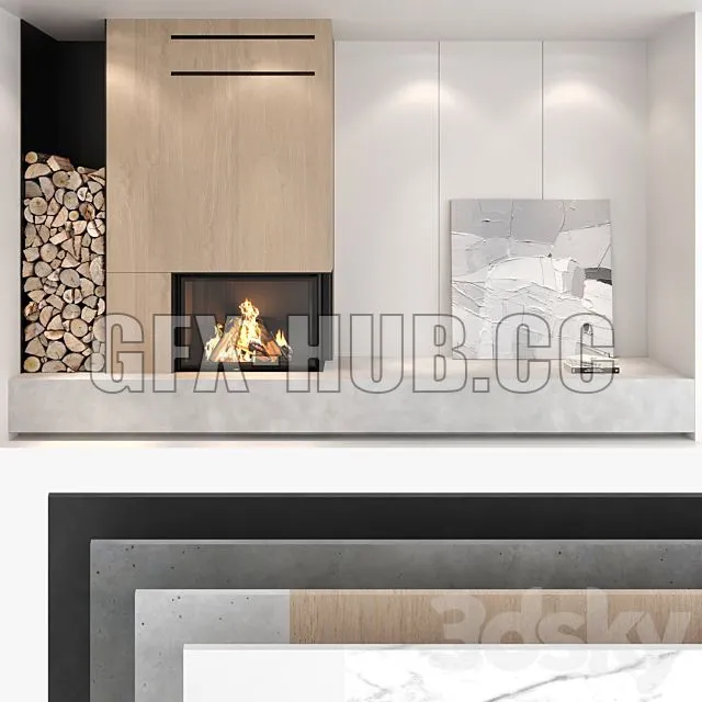 FURNITURE 3D MODELS – Decorative Wall with Fireplace Set 01